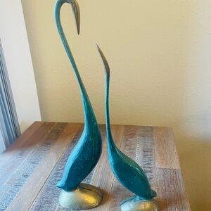 Elegant Brass Teal and Gold Swan Sculptures